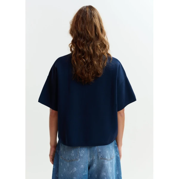 Essentiel Antwerp Navy and light blue ruffle fine-knit polo top - Essentiel Antwerp Tops - Colorful Belgian Design - Shop at Luxury Shoes 