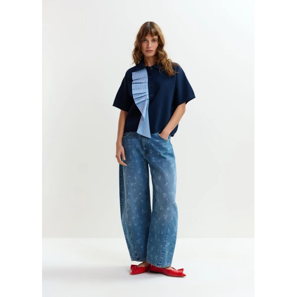 Essentiel Antwerp Navy and light blue ruffle fine-knit polo top - Essentiel Antwerp Tops - Colorful Belgian Design - Shop at Luxury Shoes 