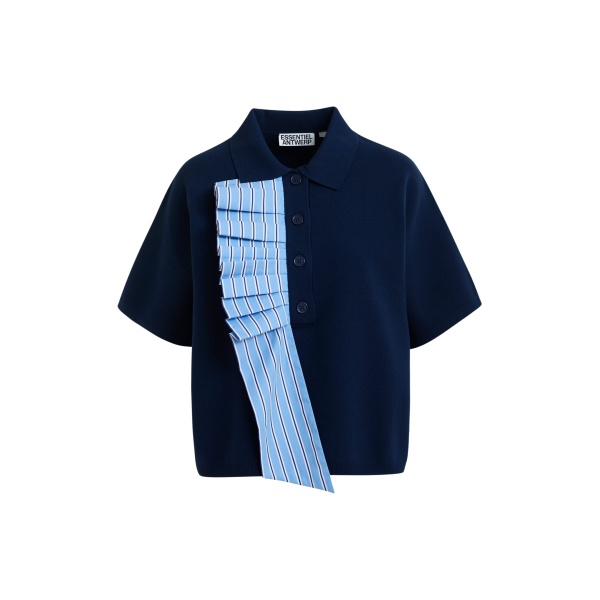 Essentiel Antwerp Navy and light blue ruffle fine-knit polo top - Essentiel Antwerp Tops - Colorful Belgian Design - Shop at Luxury Shoes 