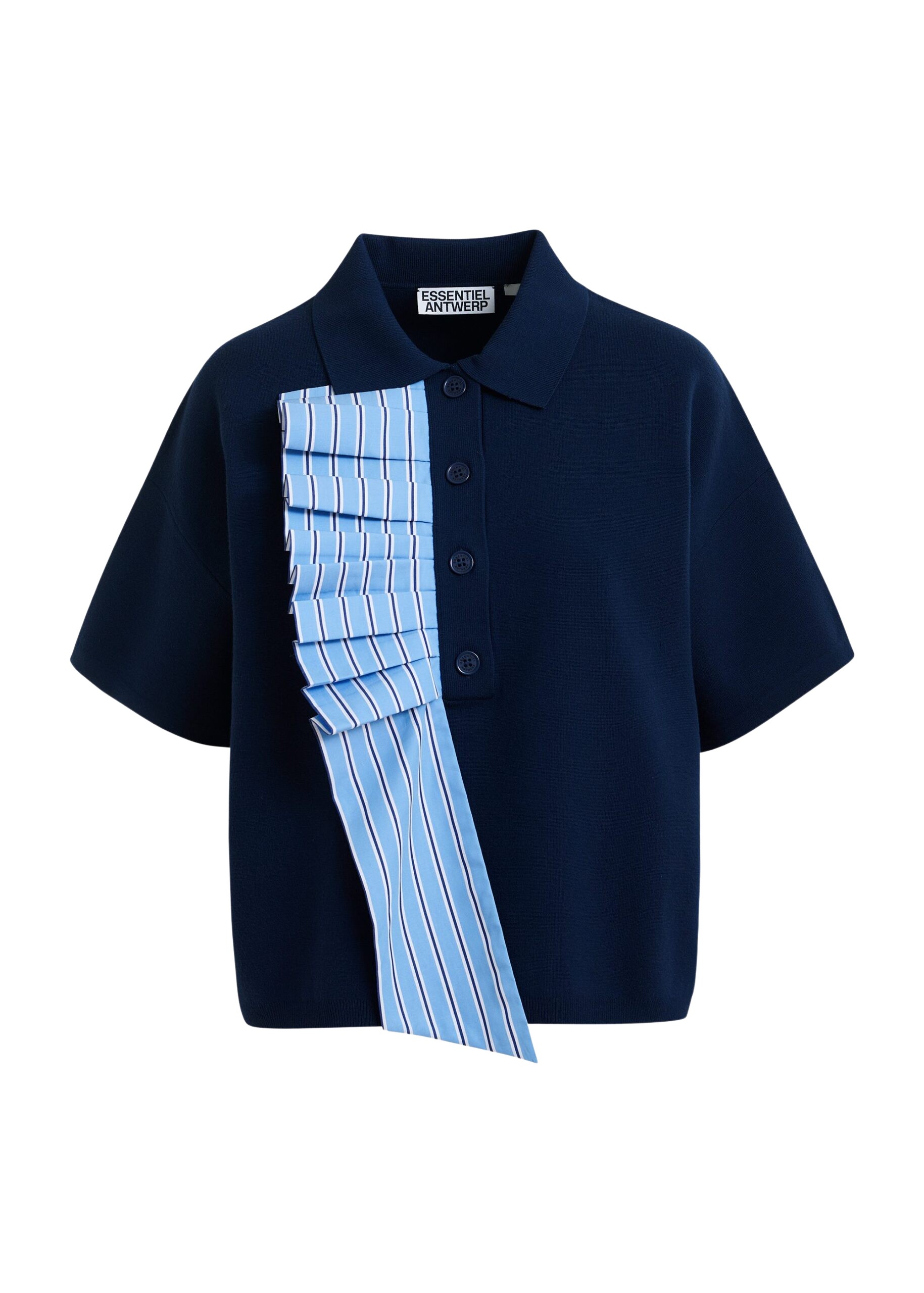 Essentiel Antwerp Navy and light blue ruffle fine-knit polo top