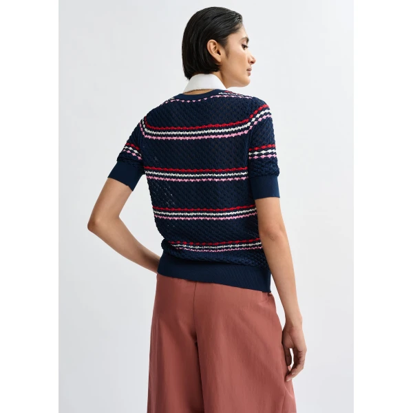 Essentiel Antwerp Navy and multicolor striped honeycomb knit polo with rhinestone-embellished detachable collar - Essentiel Antwerp Tops - Colorful Belgian Design - Shop at Luxury Shoes 