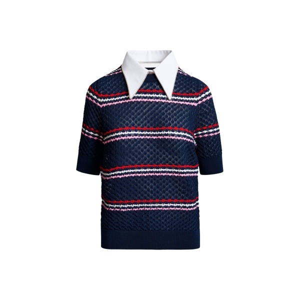 Essentiel Antwerp Navy and multicolor striped honeycomb knit polo with rhinestone-embellished detachable collar - Essentiel Antwerp Tops - Colorful Belgian Design - Shop at Luxury Shoes 
