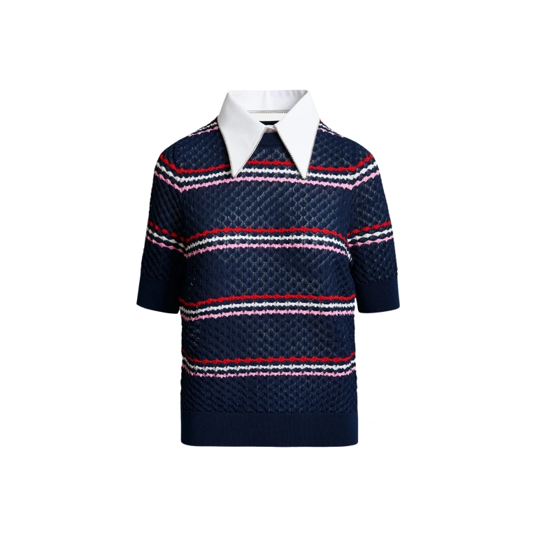 Essentiel Antwerp Navy and multicolor striped honeycomb knit polo with rhinestone-embellished detachable collar - Essentiel Antwerp Tops - Colorful Belgian Design - Shop at Luxury Shoes 