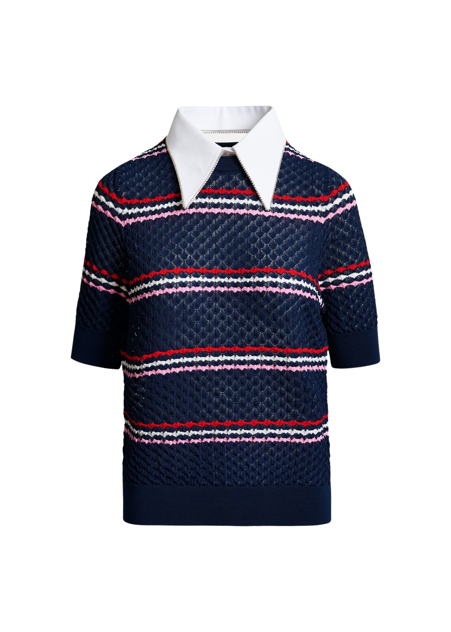 Essentiel Antwerp Navy and multicolor striped honeycomb knit polo with rhinestone-embellished detachable collar