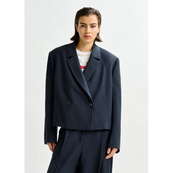 Essentiel Antwerp Navy and white pinstripe cropped blazer - Essentiel Antwerp Jackets - Colorful Belgian Design - Shop at Luxury Shoes 