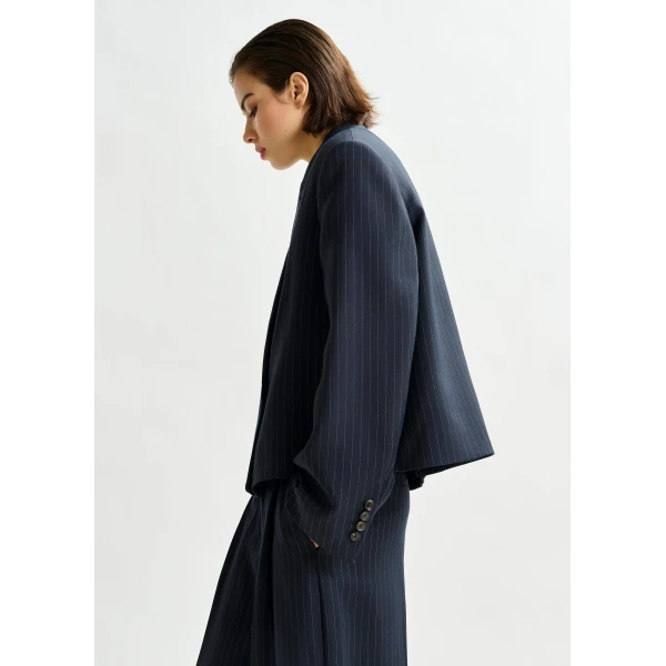 Essentiel Antwerp Navy and white pinstripe cropped blazer - Essentiel Antwerp Jackets - Colorful Belgian Design - Shop at Luxury Shoes 