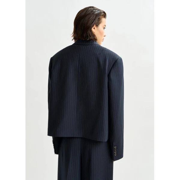 Essentiel Antwerp Navy and white pinstripe cropped blazer - Essentiel Antwerp Jackets - Colorful Belgian Design - Shop at Luxury Shoes 
