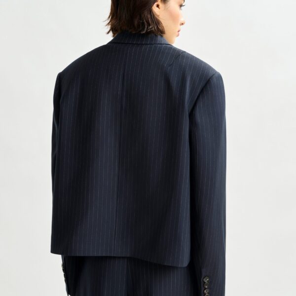 Essentiel Antwerp Navy and white pinstripe cropped blazer, view 4