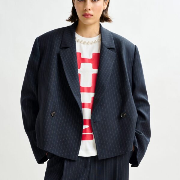 Essentiel Antwerp Navy and white pinstripe cropped blazer, view 5