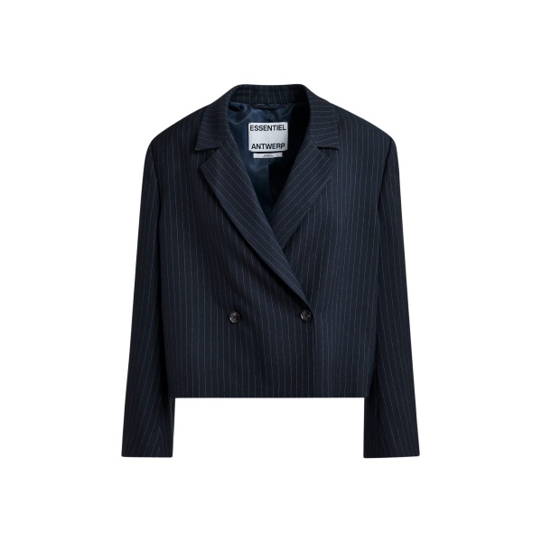 Essentiel Antwerp Navy and white pinstripe cropped blazer - Essentiel Antwerp Jackets - Colorful Belgian Design - Shop at Luxury Shoes 