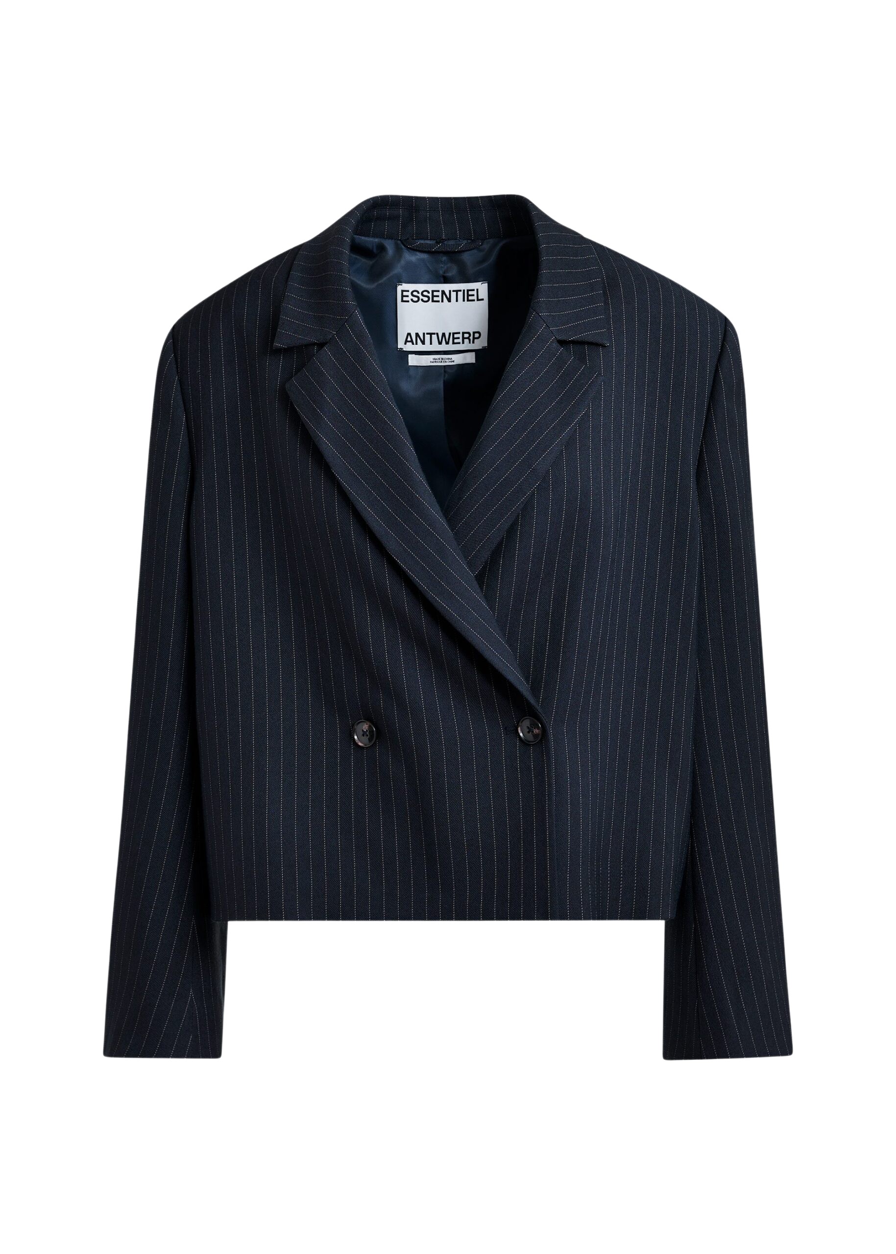 Essentiel Antwerp Navy and white pinstripe cropped blazer - Essentiel Antwerp Jackets - Colorful Belgian Design - Shop at Luxury Shoes 