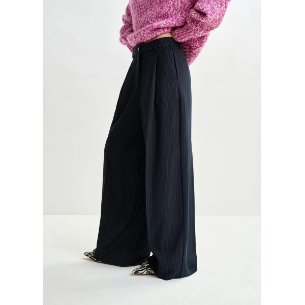 Essentiel Antwerp Navy and white pinstripe wide-leg pants - Essentiel Antwerp Pants - Colorful Belgian Design - Shop at Luxury Shoes 