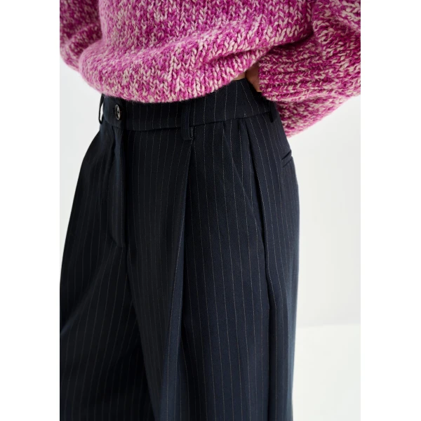 Essentiel Antwerp Navy and white pinstripe wide-leg pants - Essentiel Antwerp Pants - Colorful Belgian Design - Shop at Luxury Shoes 