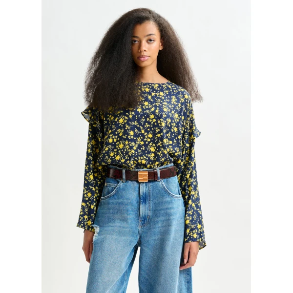 Essentiel Antwerp Navy and yellow floral print top with ruffle detail - Essentiel Antwerp Tops - Colorful Belgian Design - Shop at Luxury Shoes 