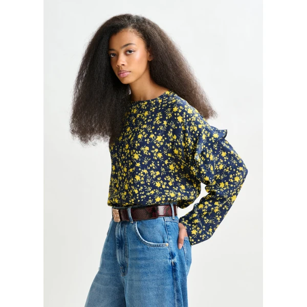 Essentiel Antwerp Navy and yellow floral print top with ruffle detail - Essentiel Antwerp Tops - Colorful Belgian Design - Shop at Luxury Shoes 