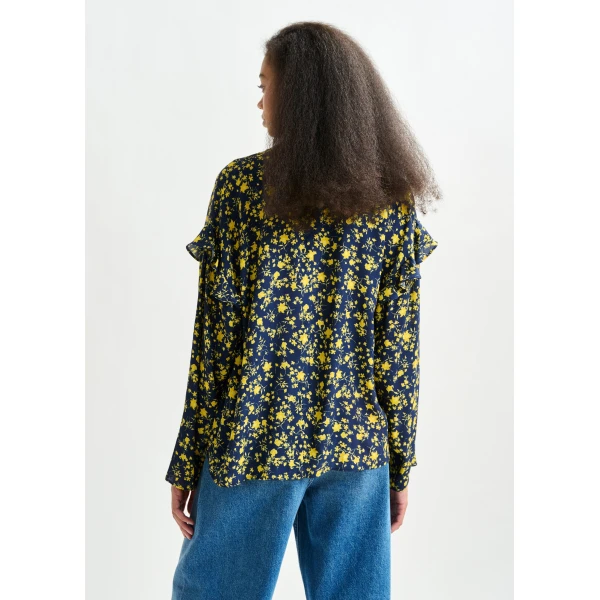 Essentiel Antwerp Navy and yellow floral print top with ruffle detail - Essentiel Antwerp Tops - Colorful Belgian Design - Shop at Luxury Shoes 