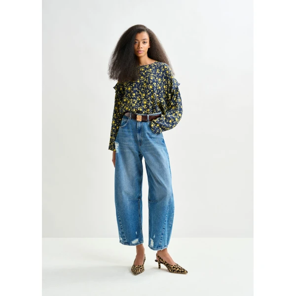 Essentiel Antwerp Navy and yellow floral print top with ruffle detail - Essentiel Antwerp Tops - Colorful Belgian Design - Shop at Luxury Shoes 
