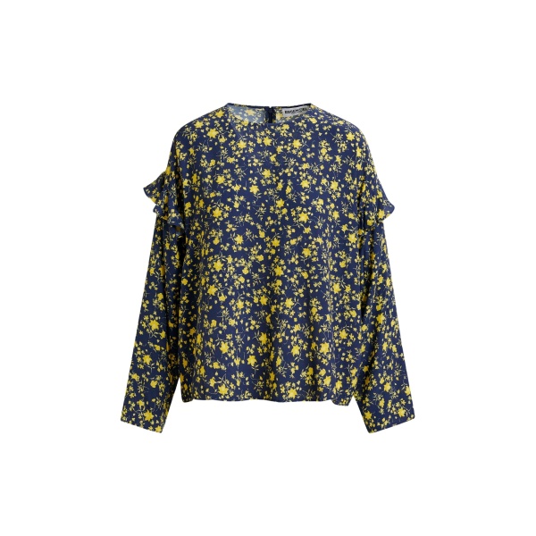 Essentiel Antwerp Navy and yellow floral print top with ruffle detail - Essentiel Antwerp Tops - Colorful Belgian Design - Shop at Luxury Shoes 