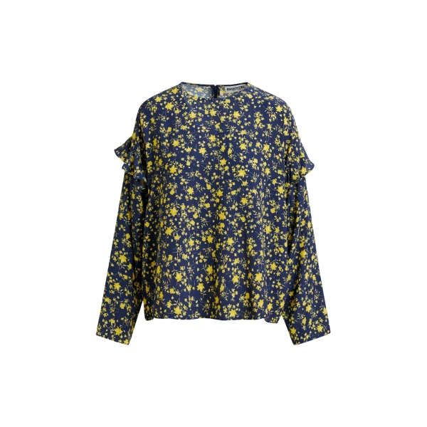 Essentiel Antwerp Navy and yellow floral print top with ruffle detail - Essentiel Antwerp Tops - Colorful Belgian Design - Shop at Luxury Shoes 