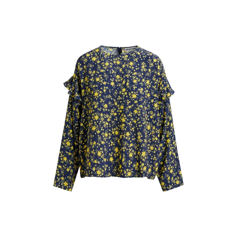 Essentiel Antwerp Navy and yellow floral print top with ruffle detail - Essentiel Antwerp Tops - Colorful Belgian Design - Shop at Luxury Shoes 