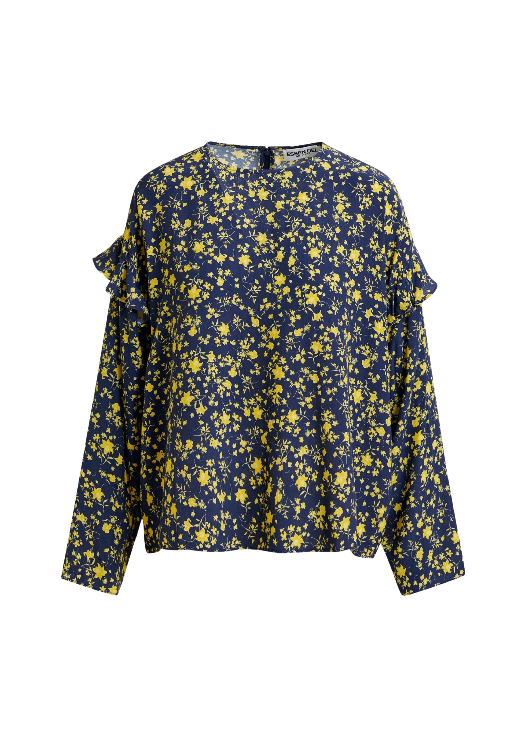 Essentiel Antwerp Navy and yellow floral print top with ruffle detail