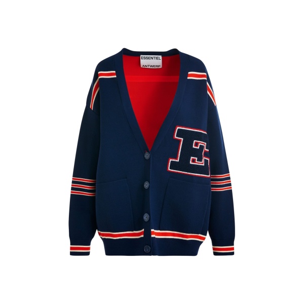 Essentiel Antwerp Navy appliquéd cardigan with red stripes - Essentiel Antwerp Knitwear - Colorful Belgian Design - Shop at Luxury Shoes 