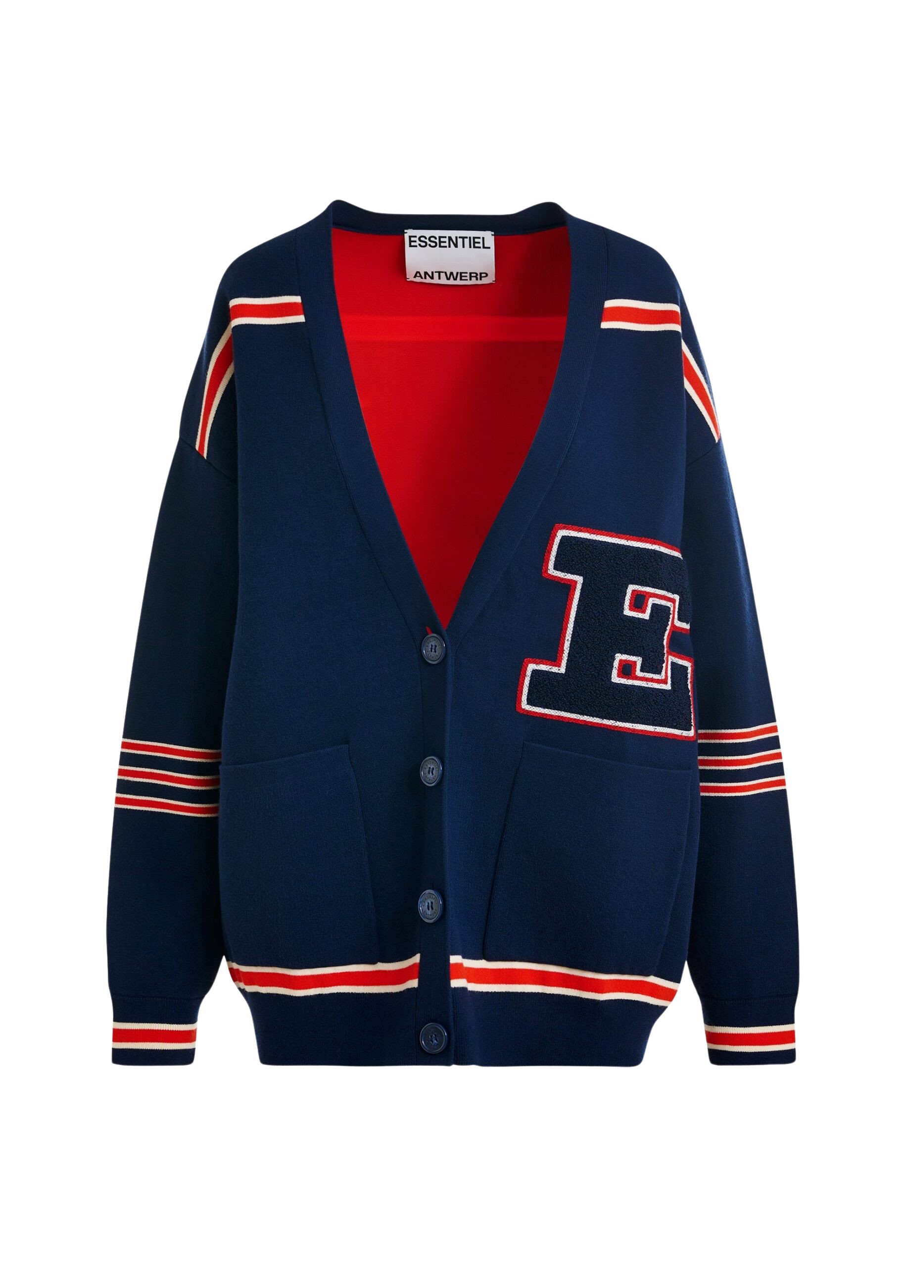 Essentiel Antwerp Navy appliquéd cardigan with red stripes