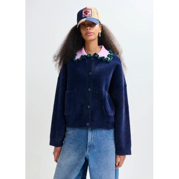 Essentiel Antwerp Navy cardigan with contrasting purple and dark green ruffle collar - Essentiel Antwerp Knitwear - Colorful Belgian Design - Shop at Luxury Shoes 