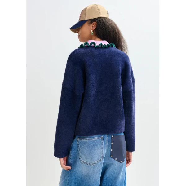 Essentiel Antwerp Navy cardigan with contrasting purple and dark green ruffle collar - Essentiel Antwerp Knitwear - Colorful Belgian Design - Shop at Luxury Shoes 