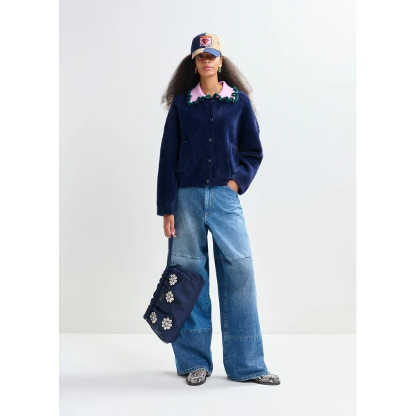 Essentiel Antwerp Navy cardigan with contrasting purple and dark green ruffle collar - Essentiel Antwerp Knitwear - Colorful Belgian Design - Shop at Luxury Shoes 