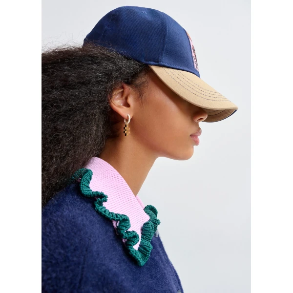 Essentiel Antwerp Navy cardigan with contrasting purple and dark green ruffle collar - Essentiel Antwerp Knitwear - Colorful Belgian Design - Shop at Luxury Shoes 