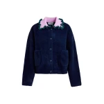 Essentiel Antwerp Navy cardigan with contrasting purple and dark green ruffle collar - Essentiel Antwerp Knitwear - Colorful Belgian Design - Shop at Luxury Shoes 