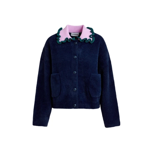 Essentiel Antwerp Navy cardigan with contrasting purple and dark green ruffle collar - Essentiel Antwerp Knitwear - Colorful Belgian Design - Shop at Luxury Shoes 