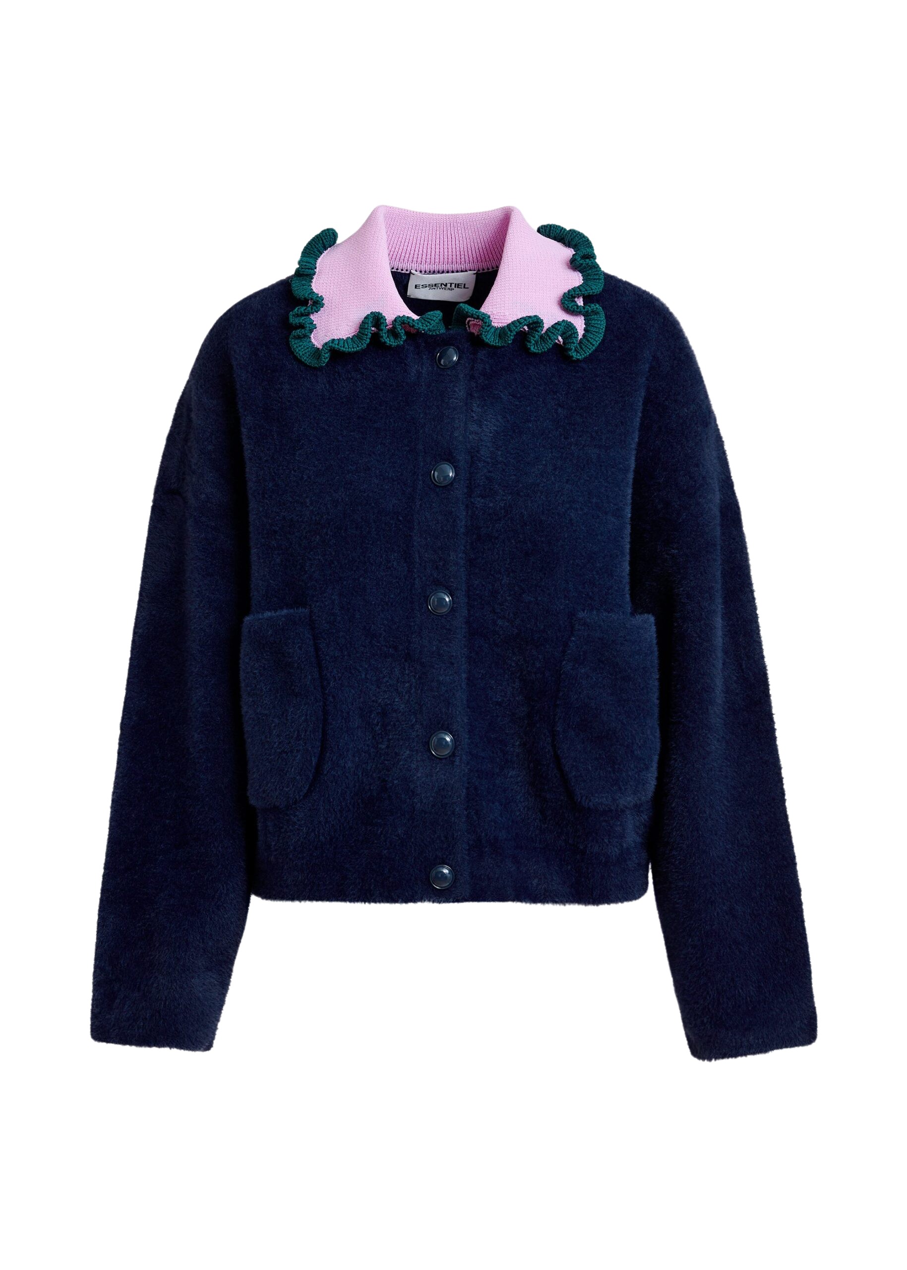 Essentiel Antwerp Navy cardigan with contrasting purple and dark green ruffle collar