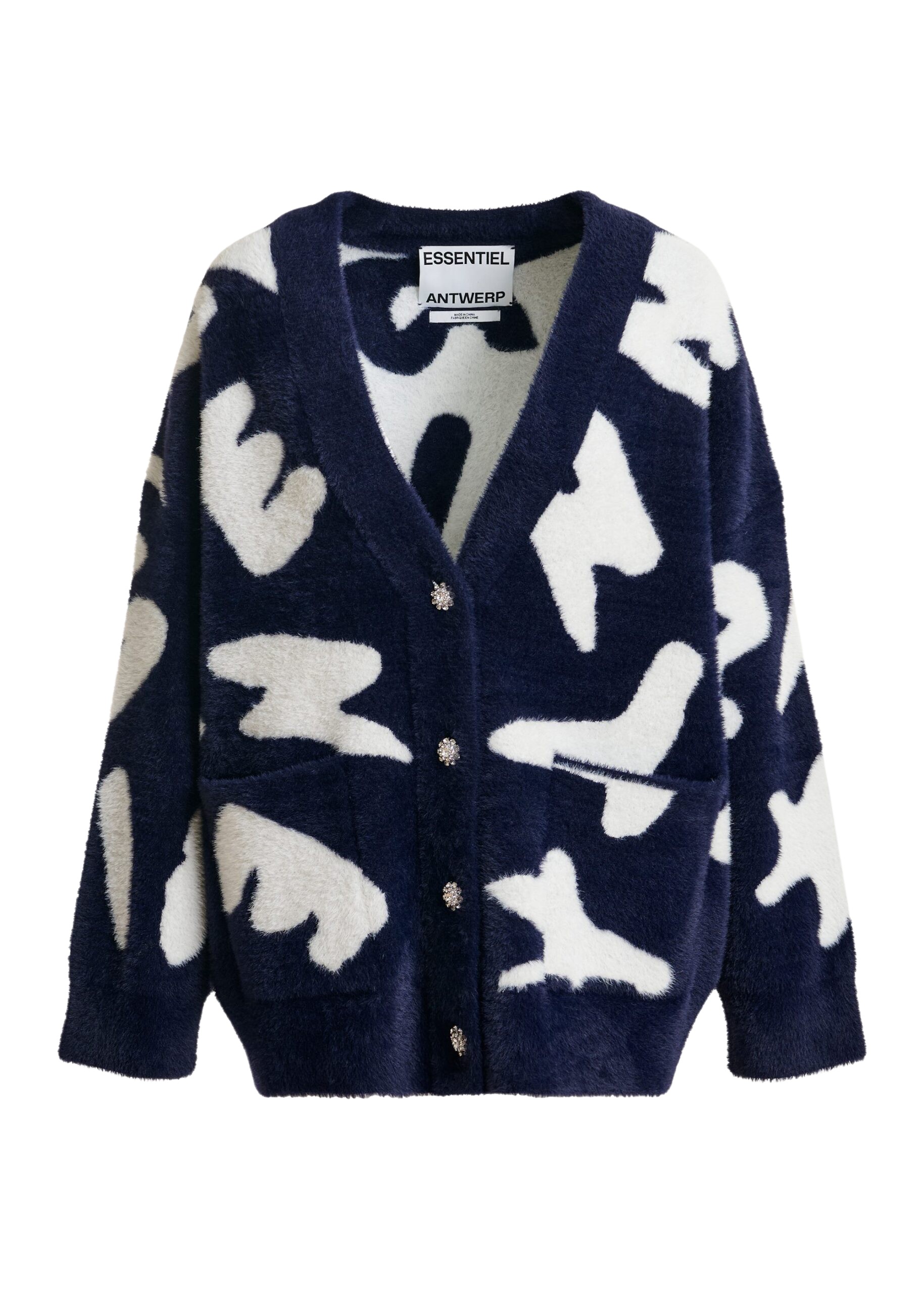 Essentiel Antwerp Navy cardigan with white letter print and rhinestone buttons