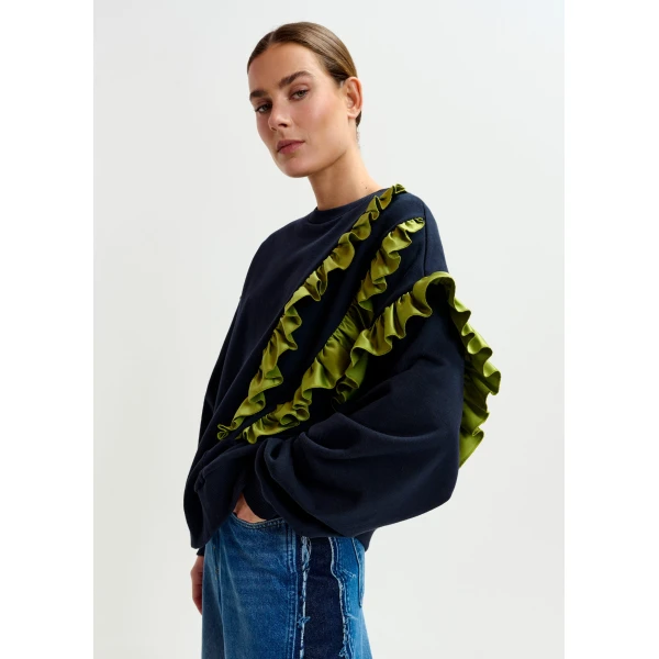 Essentiel Antwerp Navy cotton-blend sweatshirt with ruffle details - Essentiel Antwerp Shirts - Colorful Belgian Design - Shop at Luxury Shoes 
