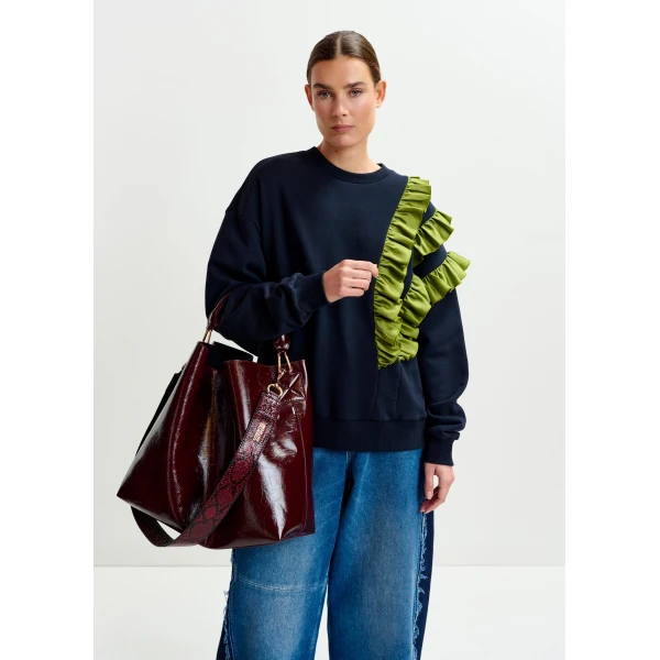 Essentiel Antwerp Navy cotton-blend sweatshirt with ruffle details - Essentiel Antwerp Shirts - Colorful Belgian Design - Shop at Luxury Shoes 
