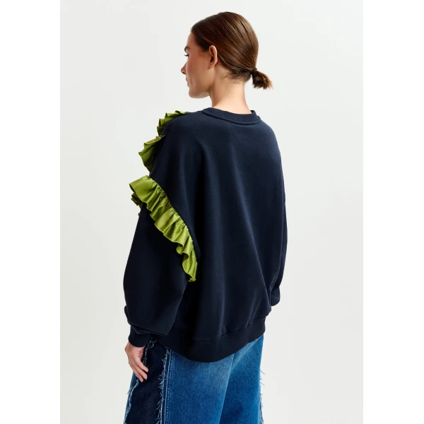 Essentiel Antwerp Navy cotton-blend sweatshirt with ruffle details - Essentiel Antwerp Shirts - Colorful Belgian Design - Shop at Luxury Shoes 