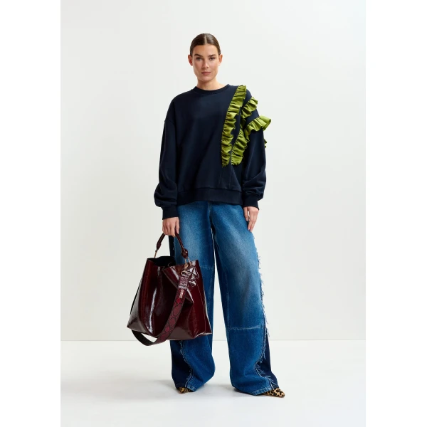 Essentiel Antwerp Navy cotton-blend sweatshirt with ruffle details - Essentiel Antwerp Shirts - Colorful Belgian Design - Shop at Luxury Shoes 