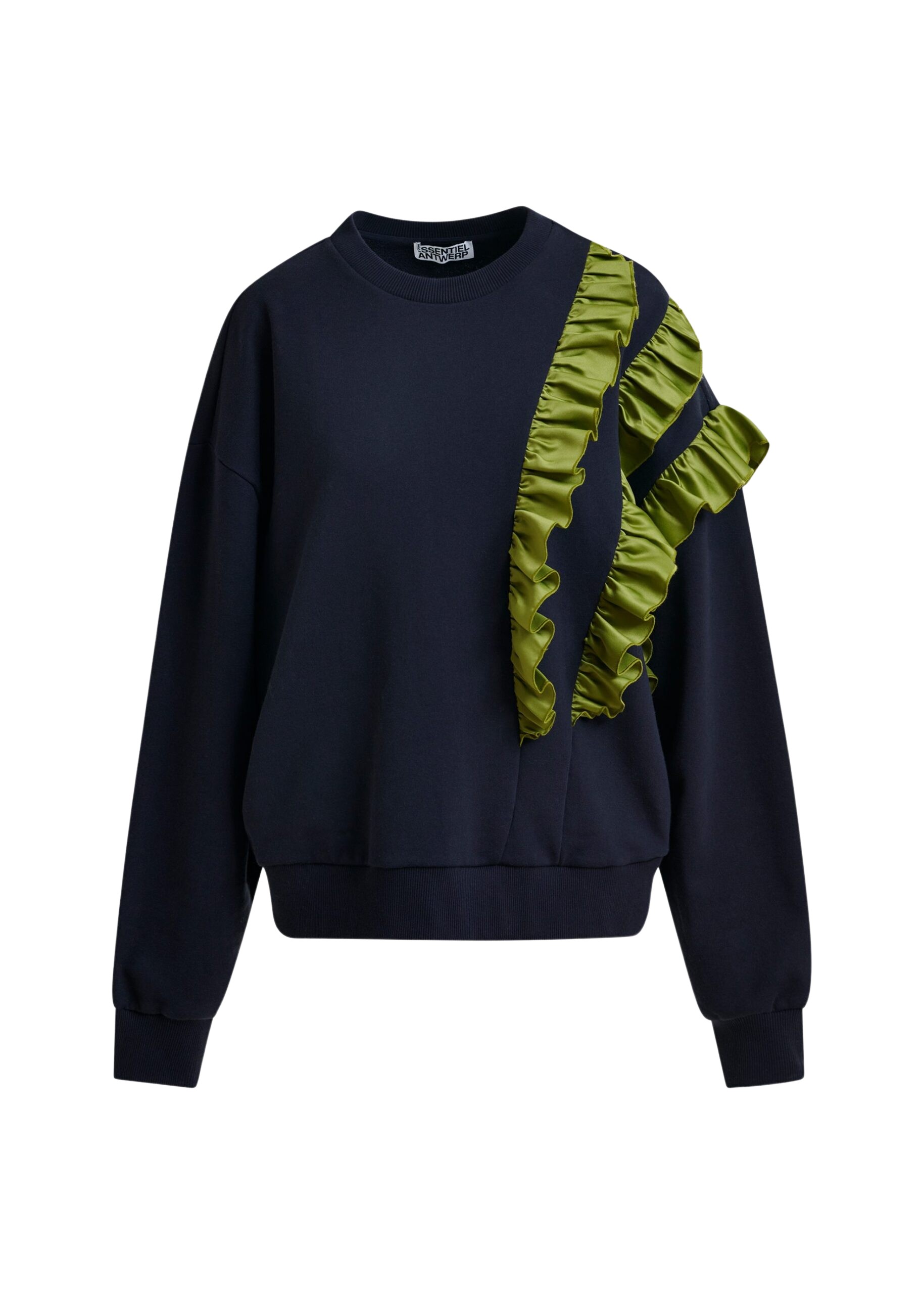 Essentiel Antwerp Navy cotton-blend sweatshirt with ruffle details Top