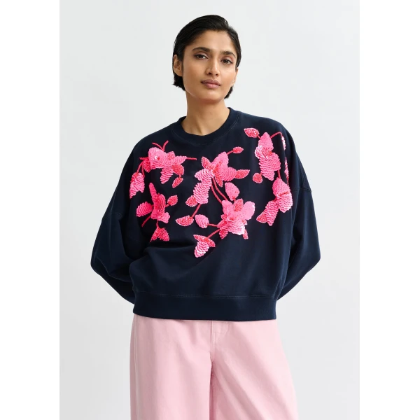 Essentiel Antwerp Navy cotton sweatshirt with pink floral sequin and bead-embellished embroidery - Essentiel Antwerp Shirts - Colorful Belgian Design - Shop at Luxury Shoes 