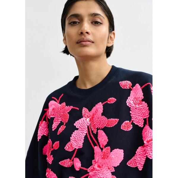 Essentiel Antwerp Navy cotton sweatshirt with pink floral sequin and bead-embellished embroidery - Essentiel Antwerp Shirts - Colorful Belgian Design - Shop at Luxury Shoes 