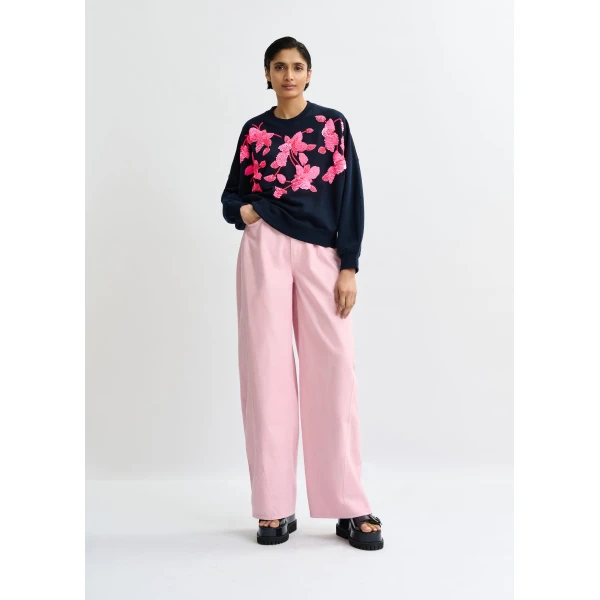Essentiel Antwerp Navy cotton sweatshirt with pink floral sequin and bead-embellished embroidery - Essentiel Antwerp Shirts - Colorful Belgian Design - Shop at Luxury Shoes 