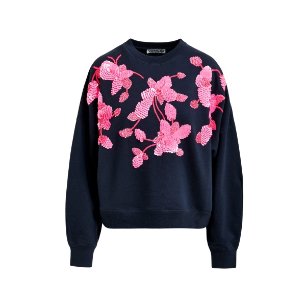 Essentiel Antwerp Navy cotton sweatshirt with pink floral sequin and bead-embellished embroidery - Essentiel Antwerp Shirts - Colorful Belgian Design - Shop at Luxury Shoes 