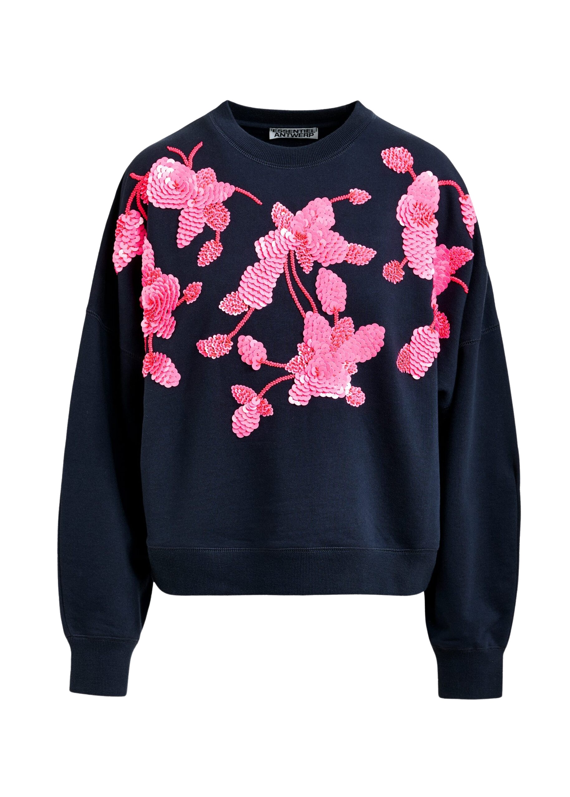 Essentiel Antwerp Navy cotton sweatshirt with pink floral sequin and bead-embellished embroidery Top