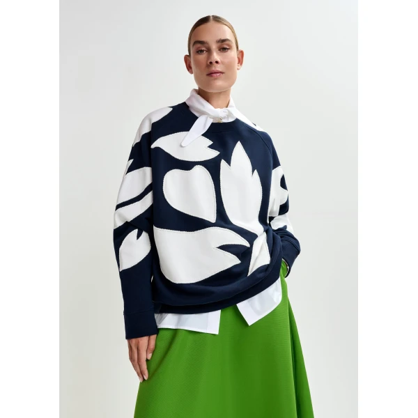 Essentiel Antwerp Navy cotton sweatshirt with white flame appliqués - Essentiel Antwerp Shirts - Colorful Belgian Design - Shop at Luxury Shoes 