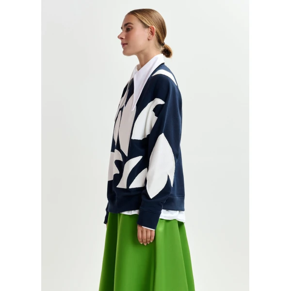 Essentiel Antwerp Navy cotton sweatshirt with white flame appliqués - Essentiel Antwerp Shirts - Colorful Belgian Design - Shop at Luxury Shoes 