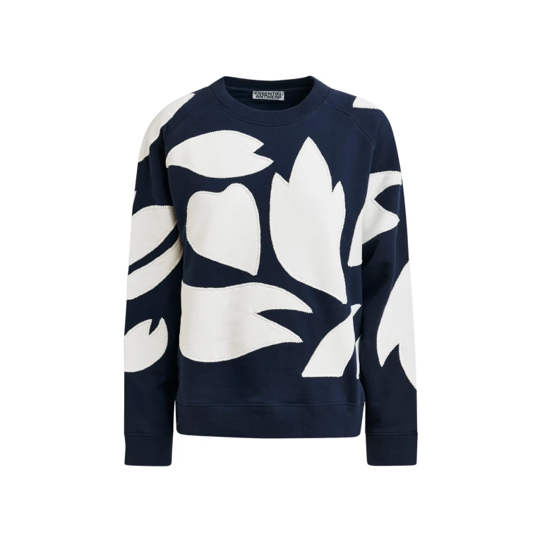 Essentiel Antwerp Navy cotton sweatshirt with white flame appliqués - Essentiel Antwerp Shirts - Colorful Belgian Design - Shop at Luxury Shoes 