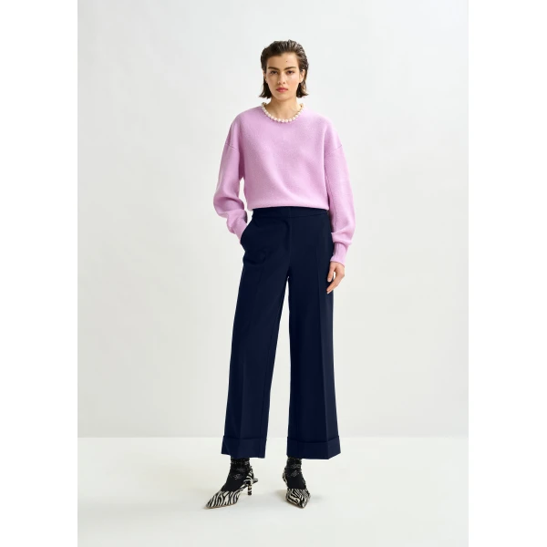 Essentiel Antwerp Navy cropped pants with folded cuffs - Essentiel Antwerp Pants - Colorful Belgian Design - Shop at Luxury Shoes 