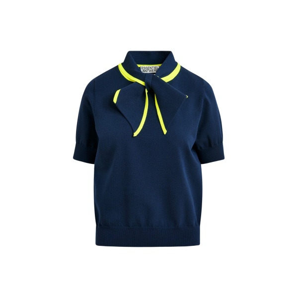 Essentiel Antwerp Navy fine-knit polo with bright yellow scarf-like contrast collar - Essentiel Antwerp Tops - Colorful Belgian Design - Shop at Luxury Shoes 